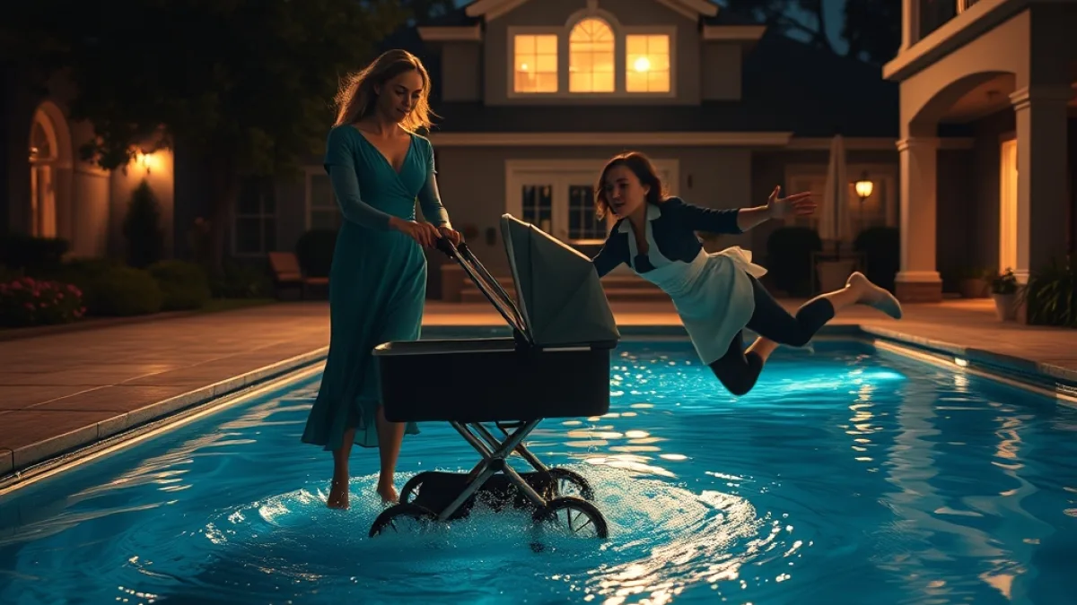 The Rich Stepmother Pushed The Stroller Into The Deep Pool