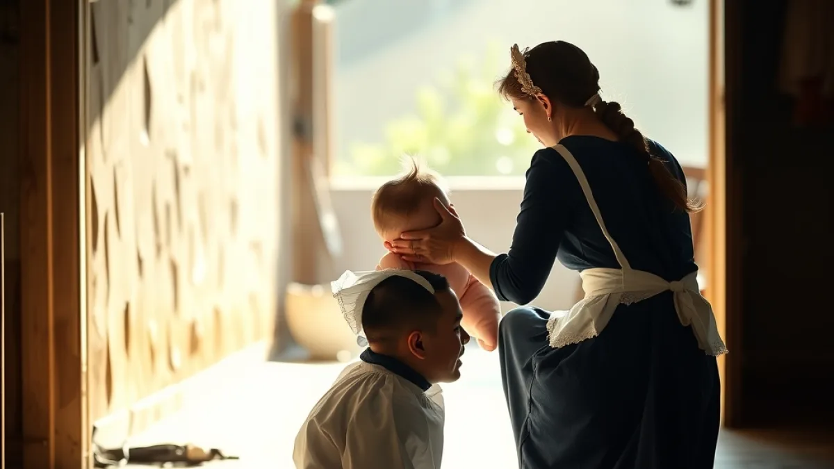 The Maid Kneels Down When The Mother Drags Her Crying Baby